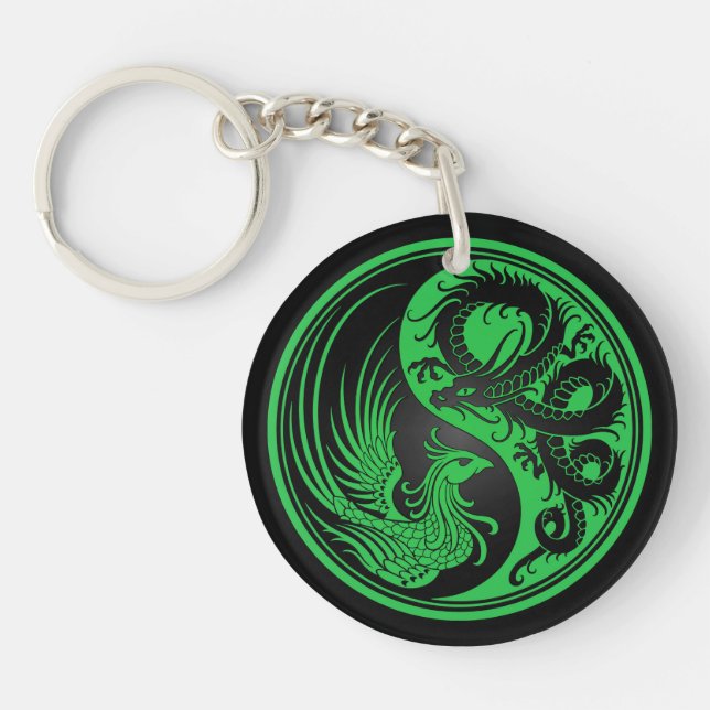 Green and Black Dragon Phoenix Yin Yang Keychain (Front)