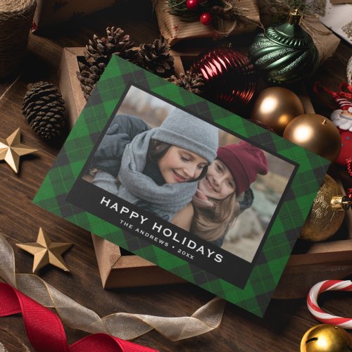 Green and Black Festive Tartan Christmas Photo Holiday Card