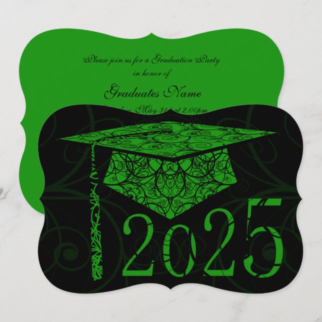 Green and Black Floral Cap 2025 Graduation Party Invitation (Front/Back)