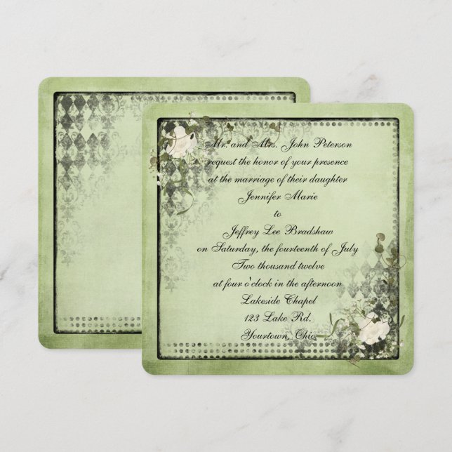 green and black floral vintage frame invitation (Front/Back)