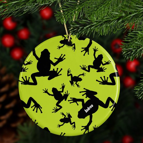 Green and Black Frog Pattern Kids Christmas Ceramic Ornament