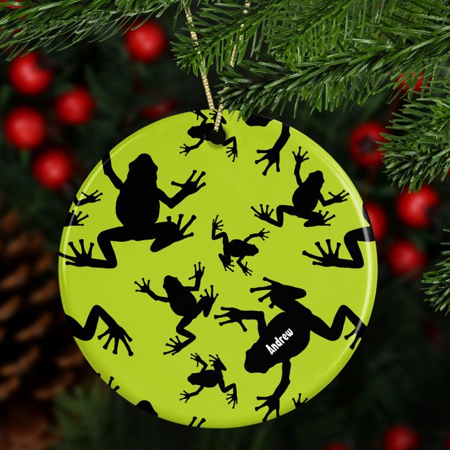 Green and Black Frog Pattern Kids Christmas Ceramic Ornament (Creator Uploaded)