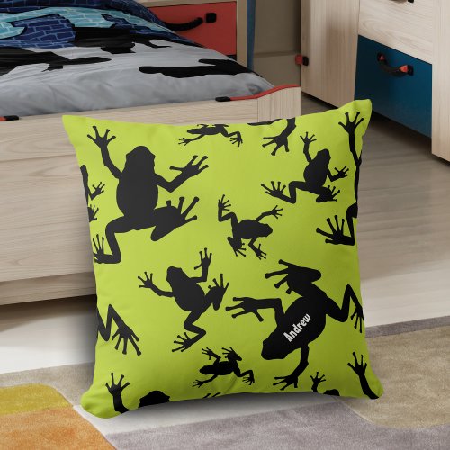 Green and Black Frog Pattern Kids Throw Pillow