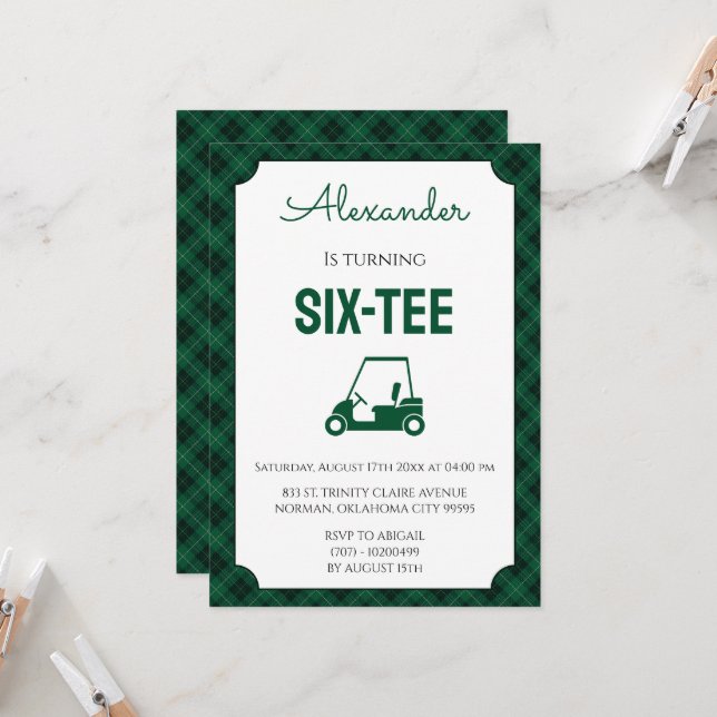 Green And Black Gingham Golf 60th Birthday Invitation (Front/Back In Situ)