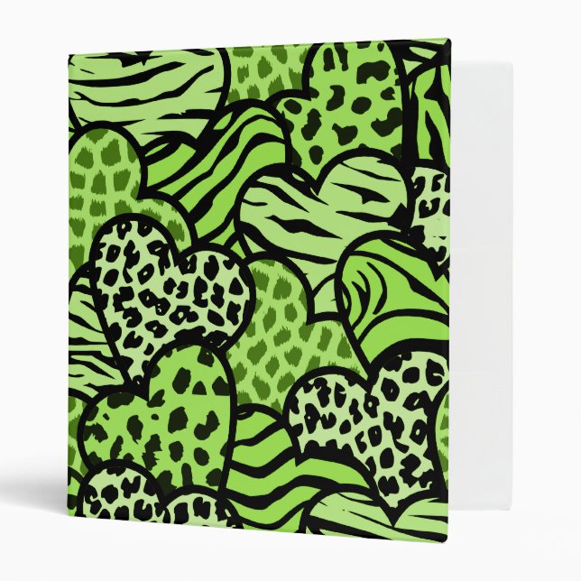 Green and black girly animal print hearts 3 ring binder (Front/Inside)