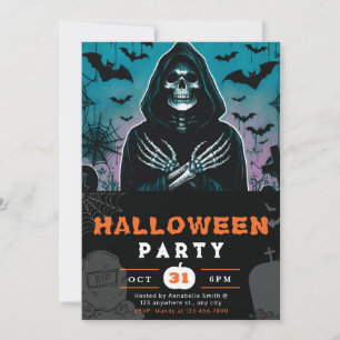 Green and Black Grim Reaper Skeleton Halloween Invitation