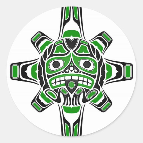 Green and Black Haida Sun Mask on White Classic Round Sticker