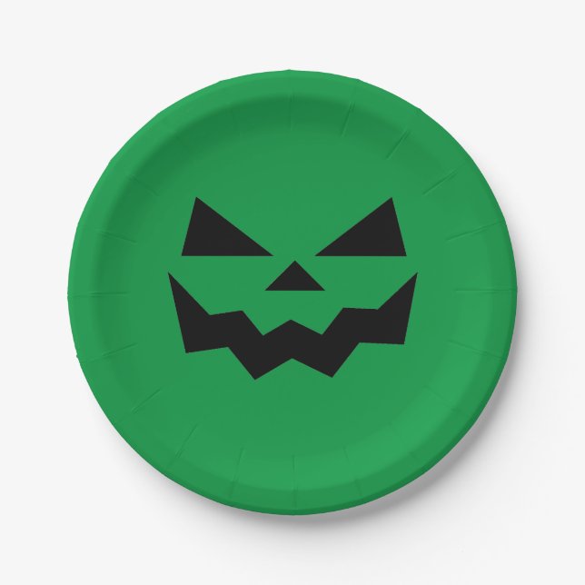 Green and Black Jack-o-lantern pumpkin face  Paper Plates (Front)