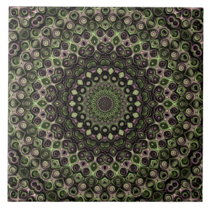 Green and Black Kaleidoscope Mandala Pattern Ceramic Tile