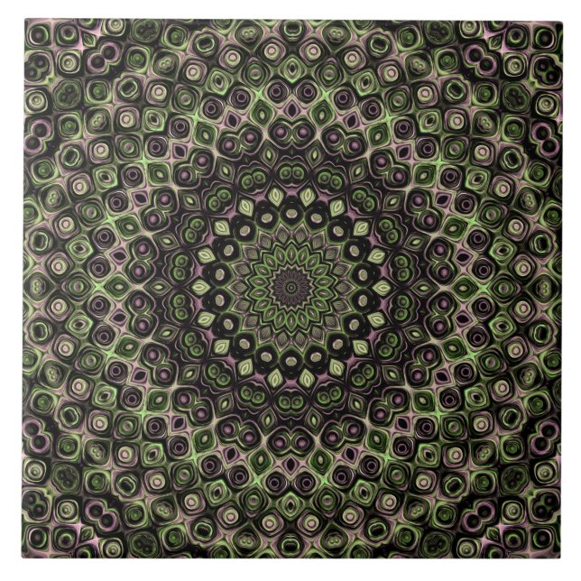 Green and Black Kaleidoscope Mandala Pattern Ceramic Tile (Front)