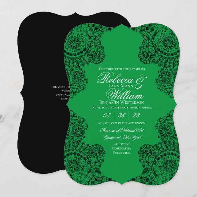 Green and Black Lace Elegant Gothic Wedding Invitation (Front/Back)