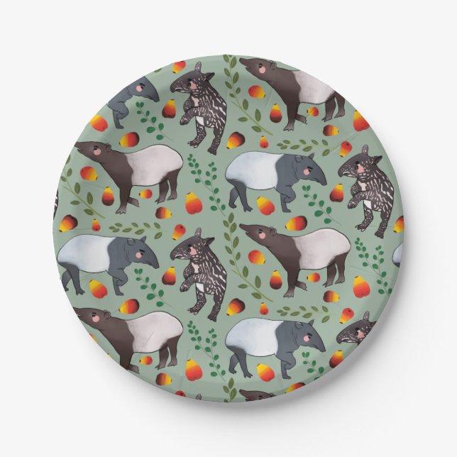 Green and Black Malayan Tapir Animal Pattern Paper Plates (Front)
