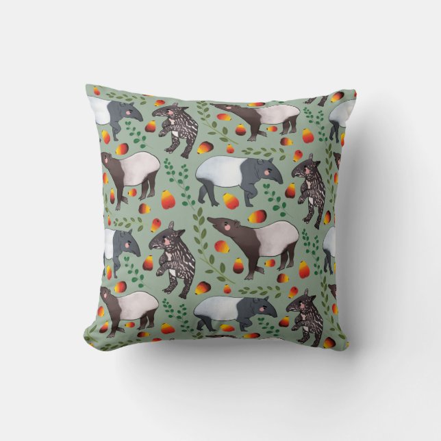 Green and Black Malayan Tapir Animal Pattern Throw Pillow (Front)
