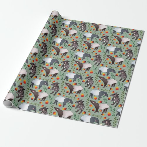 Green and Black Malayan Tapir Animal Pattern Wrapping Paper