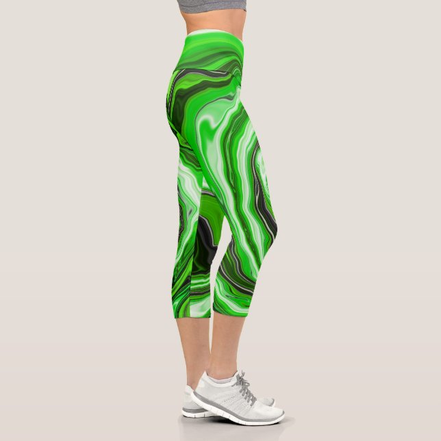 Green and Black Marble like Striped Fluid Art    Capri Leggings (Right)