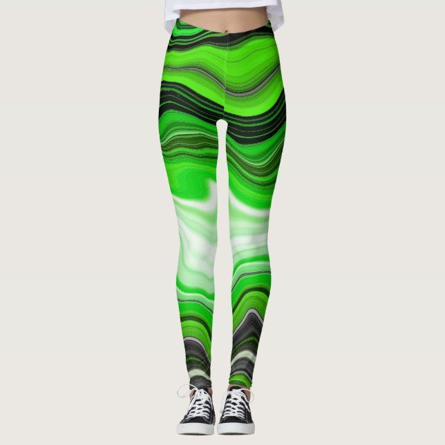 Green and Black Marble like Striped Fluid Art  Leggings (Front)