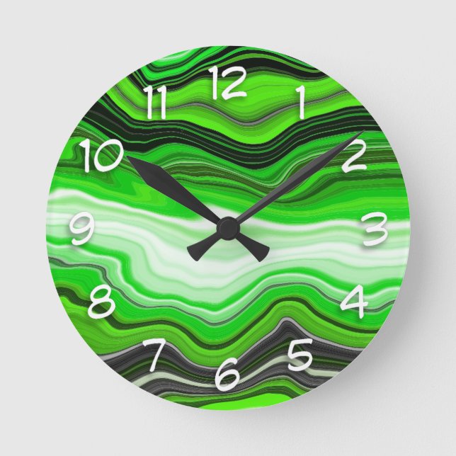 Green and Black Marble like Striped Fluid Art Round Clock (Front)