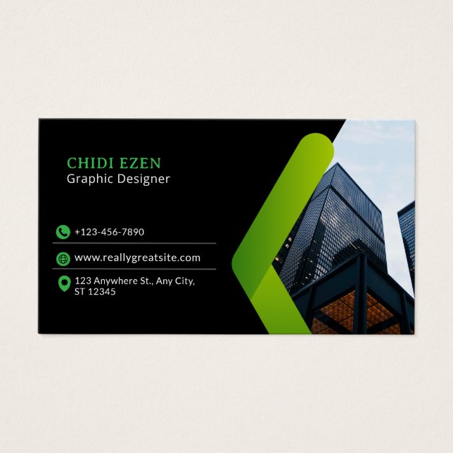 Green and Black Minimalist Modern Business Card (Front)