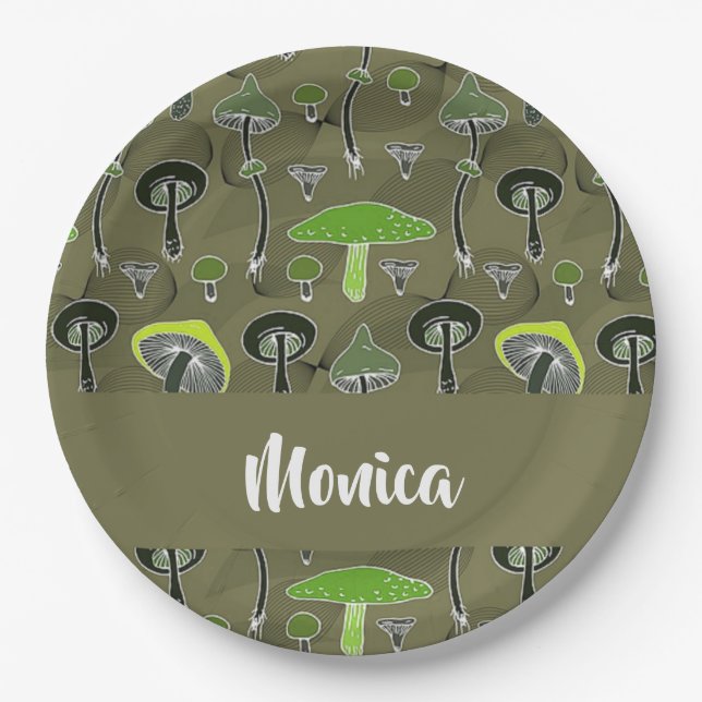 Green and black mushrooms pattern paper plates (Front)