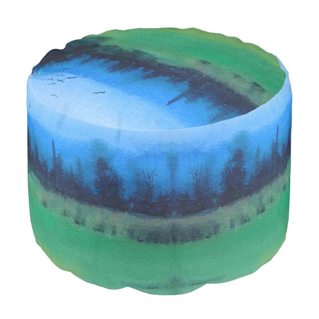 green and black mystic scenic woodland landscape pouf (Angled Front)