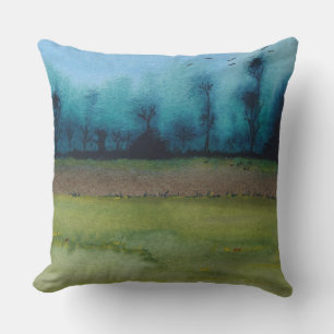 green and black mystic scenic woodland landscape throw pillow