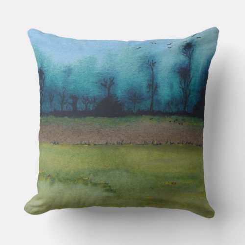 green and black mystic scenic woodland landscape throw pillow