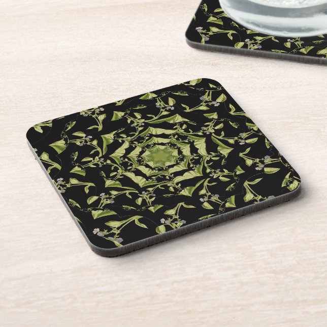 Green and black nature hypnosis flower fractal beverage coaster (Left Side)