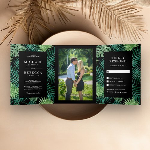 Green and Black Palm Leaves Tropical Wedding Tri_Fold Invitation