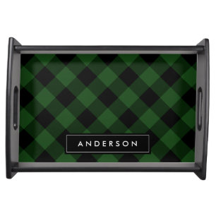 Green and Black Plaid Custom Monogram Serving Tray