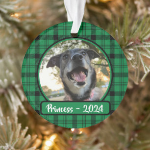Green and Black Plaid Dog Photo Christmas Ornament