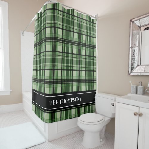 Green And Black Plaid Pattern And Custom Text Shower Curtain