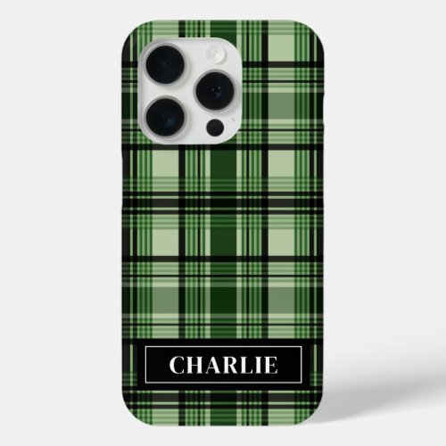Green And Black Plaid Pattern With Custom Name iPhone 15 Pro Case