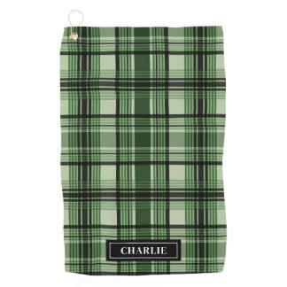 Green And Black Plaid Pattern With Custom Name Golf Towel