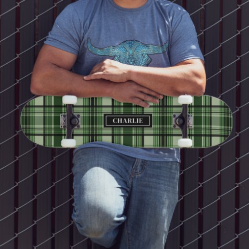 Green And Black Plaid Pattern With Custom Name Skateboard