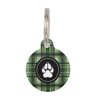 Green And Black Plaid Pattern With Paw Print Pet ID Tag