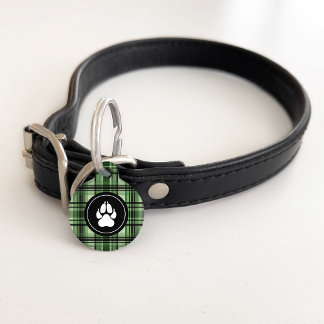 Green And Black Plaid Pattern With Paw Print Pet ID Tag