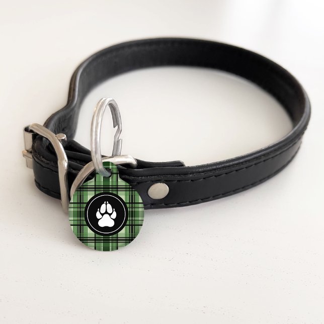Green And Black Plaid Pattern With Paw Print Pet ID Tag (Creator Uploaded)