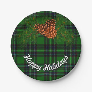 Green and Black plaid - pine cones Paper Plates