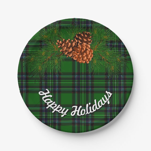 Green and Black plaid - pine cones Paper Plates (Front)