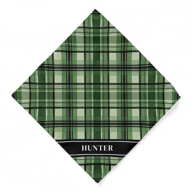 Green And Black Plaid Tartan Pattern With Name Bandana (Front)