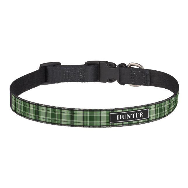 Green And Black Plaid Tartan Pattern With Name Pet Collar (Front)