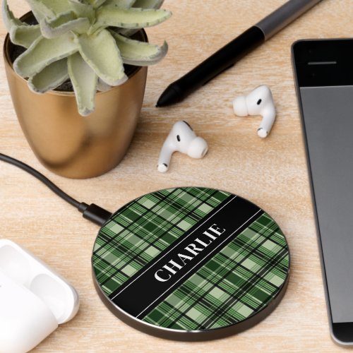 Green And Black Plaid Tartan Pattern With Name Wireless Charger