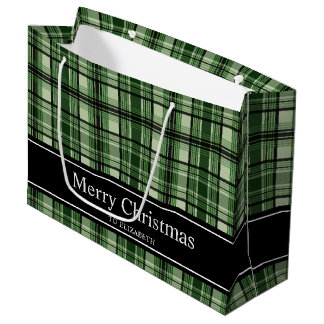 Green And Black Plaid Tartan Pattern With Text Large Gift Bag