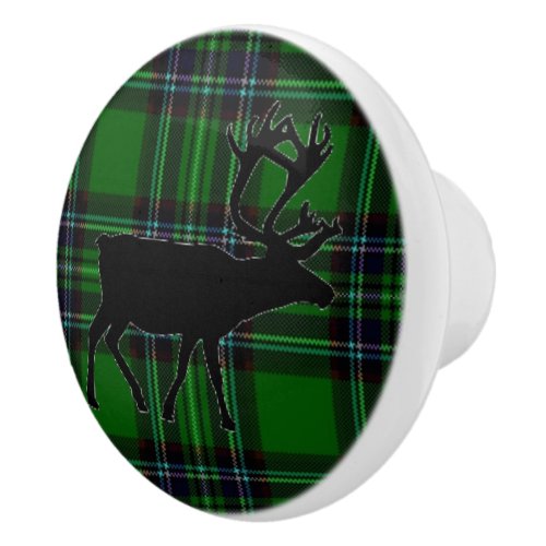 Green and Black Plaid _ with Elk detail Ceramic Knob