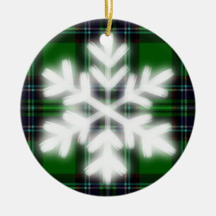 Green and Black Plaid with snow flake detail Ceram Ceramic Ornament
