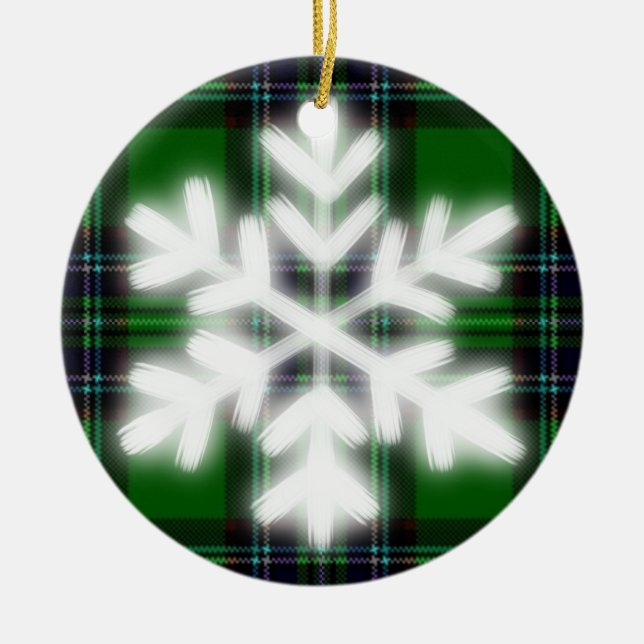 Green and Black Plaid with snow flake detail Ceram Ceramic Ornament (Front)