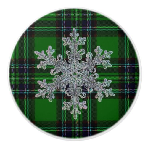 Green and Black Plaid with snow flake detail Ceramic Knob