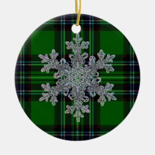 Green and Black Plaid with snow flake detail Ceramic Ornament