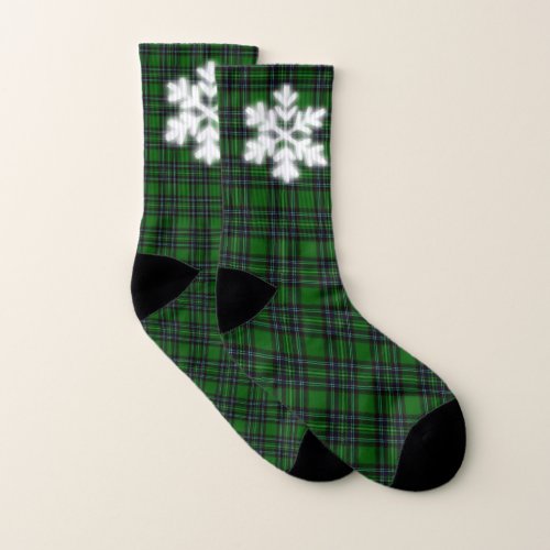 Green and Black Plaid with snow flake detail   Socks