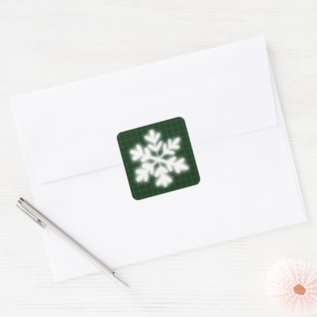 Green and Black Plaid with snow flake detail   Square Sticker (Envelope)